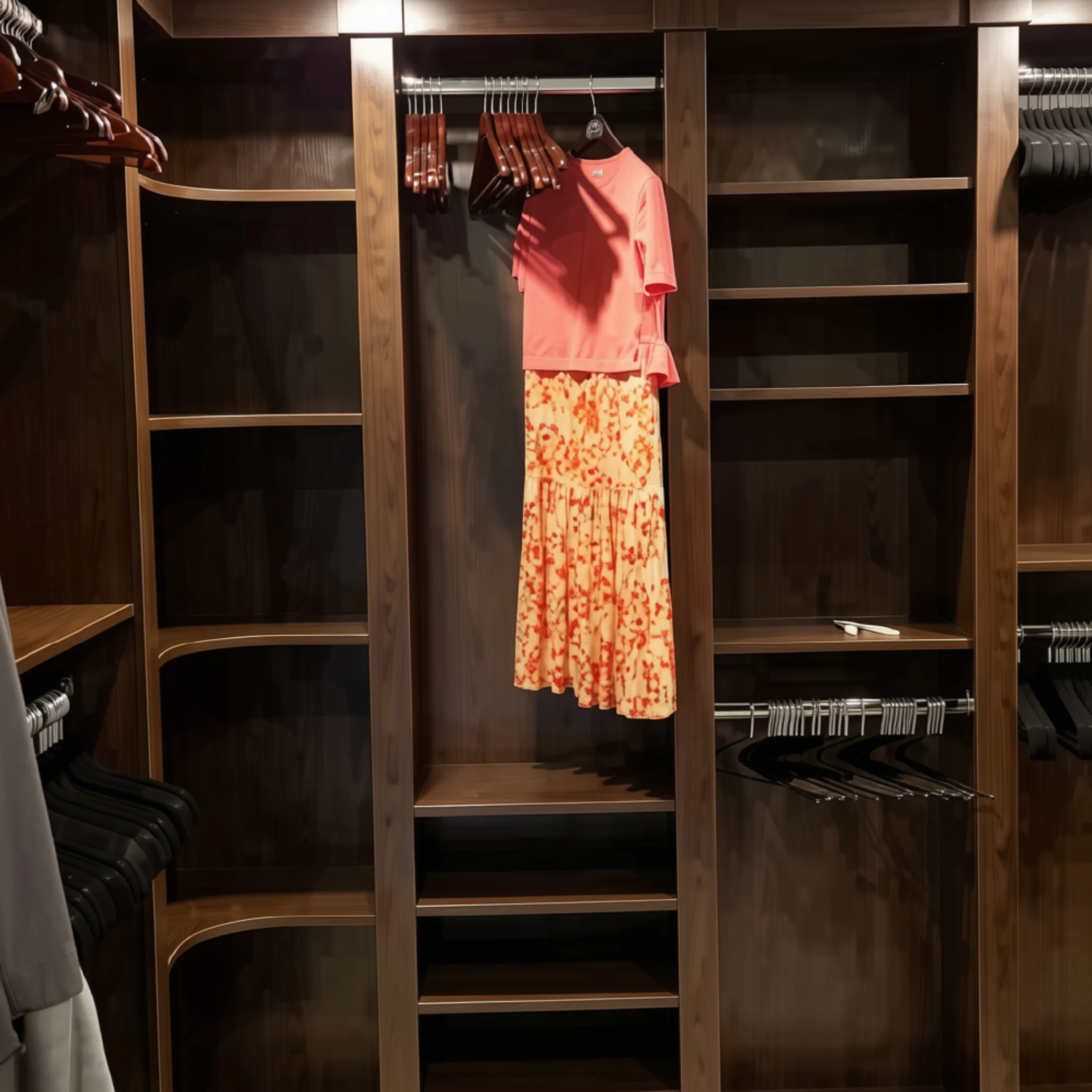 Dark wood walk-in closet with tailored hanging and shelf storage