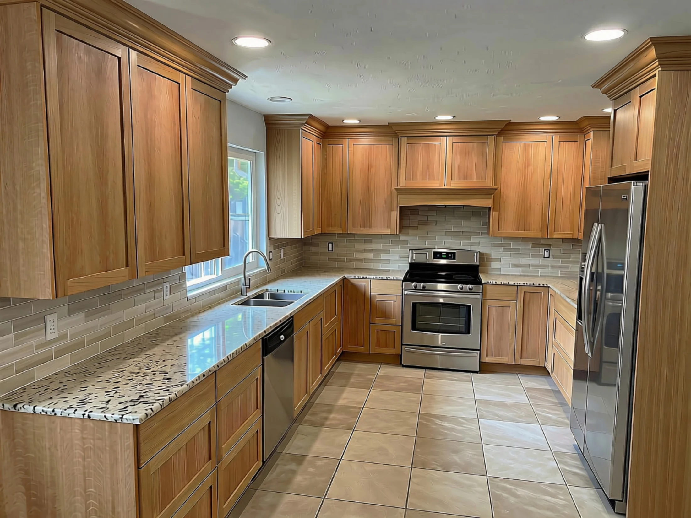Completed traditional oak kitchen with fitted custom cabinetry and crown detail